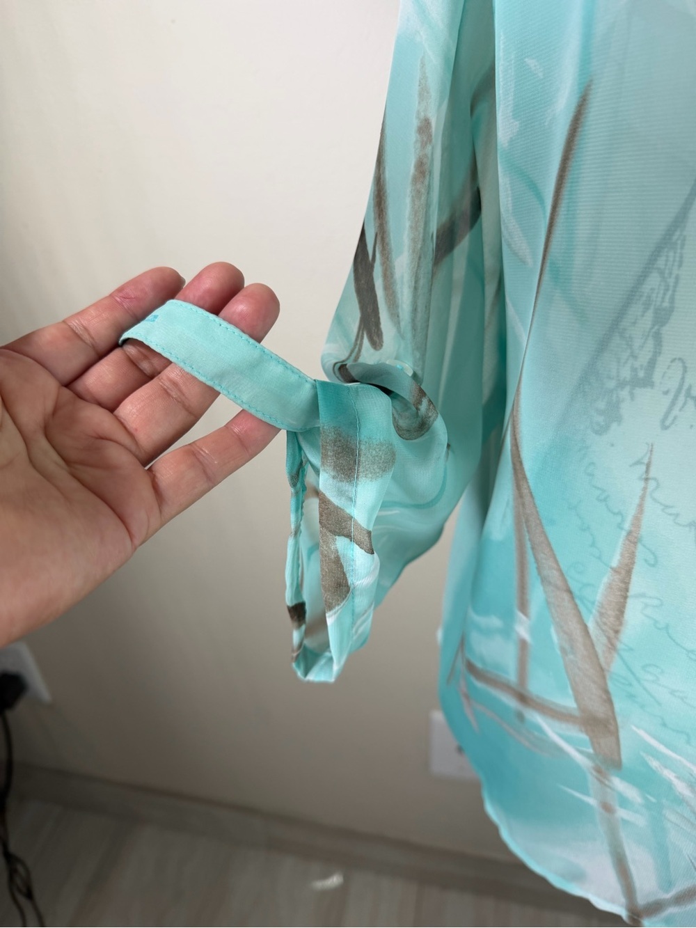 Chico's Aqua & Taupe Abstract Silk-Blend Button Front Blouse - Picture 4 of 7